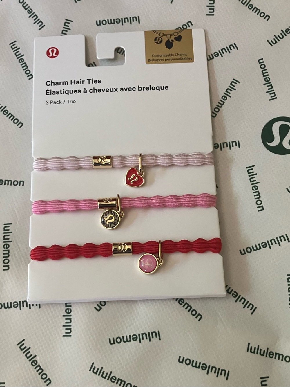 NWT Lululemon Charm Hair Ties, Pink Pearl/Candy Cloud/Oxford Red/Gold